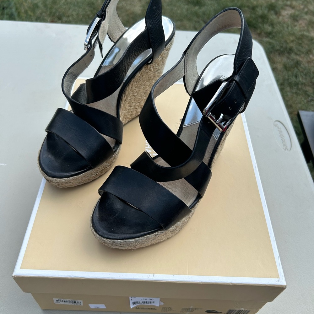Michael Kors Black Leather Wedge Sandals
